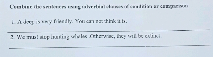 Combine the sentences using adverbial clauses of condition or comparison 
1. A deep is very friendly. You can not think it is. 
_ 
2. We must stop hunting whales .Otherwise, they will be extinct. 
_