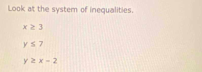 Look at the system of inequalities.
x≥ 3
y≤ 7
y≥ x-2