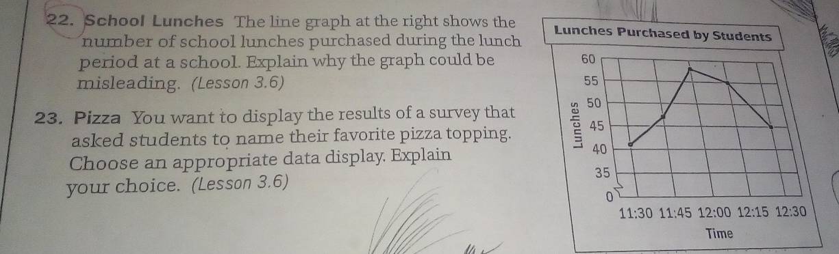 Schoo! Lunches The line graph at the right shows the Lunches Purchased by Students 
number of school lunches purchased during the lunch 
period at a school. Explain why the graph could be 60
misleading. (Lesson 3.6)
55
23. Pizza You want to display the results of a survey that 2 50
45
asked students to name their favorite pizza topping. 
Choose an appropriate data display. Explain
40
your choice. (Lesson 3.6) 35
0
11:30 11:45 12:00 12:15 12:30
Time