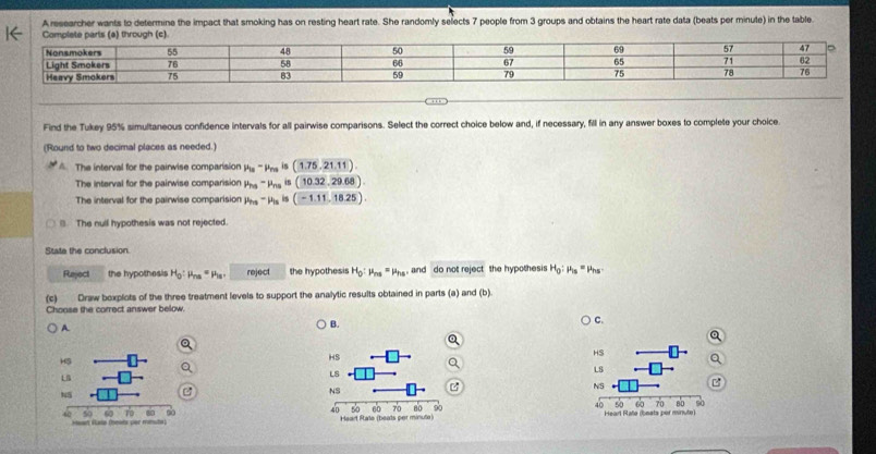 A researcher wants to determine the impact that smoking has on resting heart rate. She randomly sefects 7 people from 3 groups and obtains the heart rate data (beats per minule) in the table
… 
Find the Tukey 95% simultaneous confidence intervals for all pairwise comparisons. Select the correct choice below and, if necessary, fill in any answer boxes to complete your choice.
(Round to two decimal places as needed.)
A. The interval for the pairwise comparision mu _is-mu _rs 15 (1.75,21.11).
The interval for the pairwise comparision mu _NB-mu _Ns is (10.32,29.68).
The interval for the pairwise comparision mu _ts-mu _ts (-1.11,18.25).
(). The null hypothesis was not rejected.
State the conclusion
Reject the hypothesis H_0:mu _ra=mu _1a reject the hypothesis H_0:mu _ns=mu _ha. and do not reject the hypothesis H_0:mu _1s=mu _hs
(c) Draw boxplots of the three treatment levels to support the analytic results obtained in parts (a) and (b).
Choose the correct answer below.
C.
A
B.