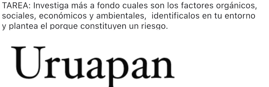 TAREA: Investiga más a fondo cuales son los factores orgánicos, 
sociales, económicos y ambientales, identificalos en tu entorno 
y plantea el porque constituyen un riesgo. 
Uruapan