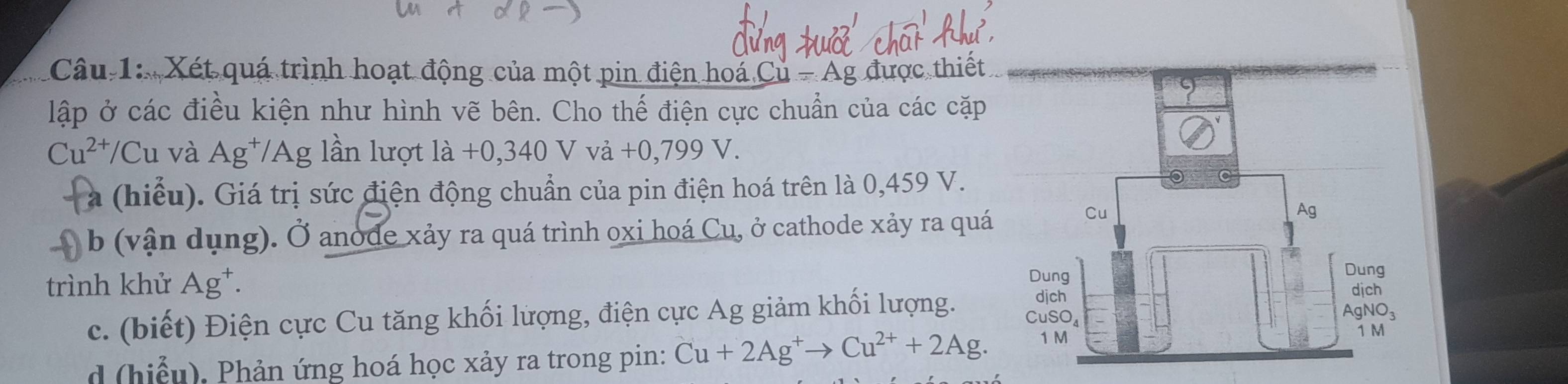 Xét quá trình hoạt động của một pin điện hoá Cu-Ag được thiết
lập ở các điều kiện như hình vẽ bên. Cho thế điện cực chuẩn của các cặp
Cu^(2+)/C u và Ag^+/Ag lần lượt 1dot a+0,340 v Vdot a+0,799V. 
a (hiểu). Giá trị sức điện động chuẩn của pin điện hoá trên là 0,459 V.
A b (vận dụng). Ở anode xảy ra quá trình oxi hoá Cu, ở cathode xảy ra quá
trình khử Ag^+.
c. (biết) Điện cực Cu tăng khối lượng, điện cực Ag giảm khối lượng.
d (hiểu). Phản ứng hoá học xảy ra trong pin: Cu+2Ag^+to Cu^(2+)+2Ag.