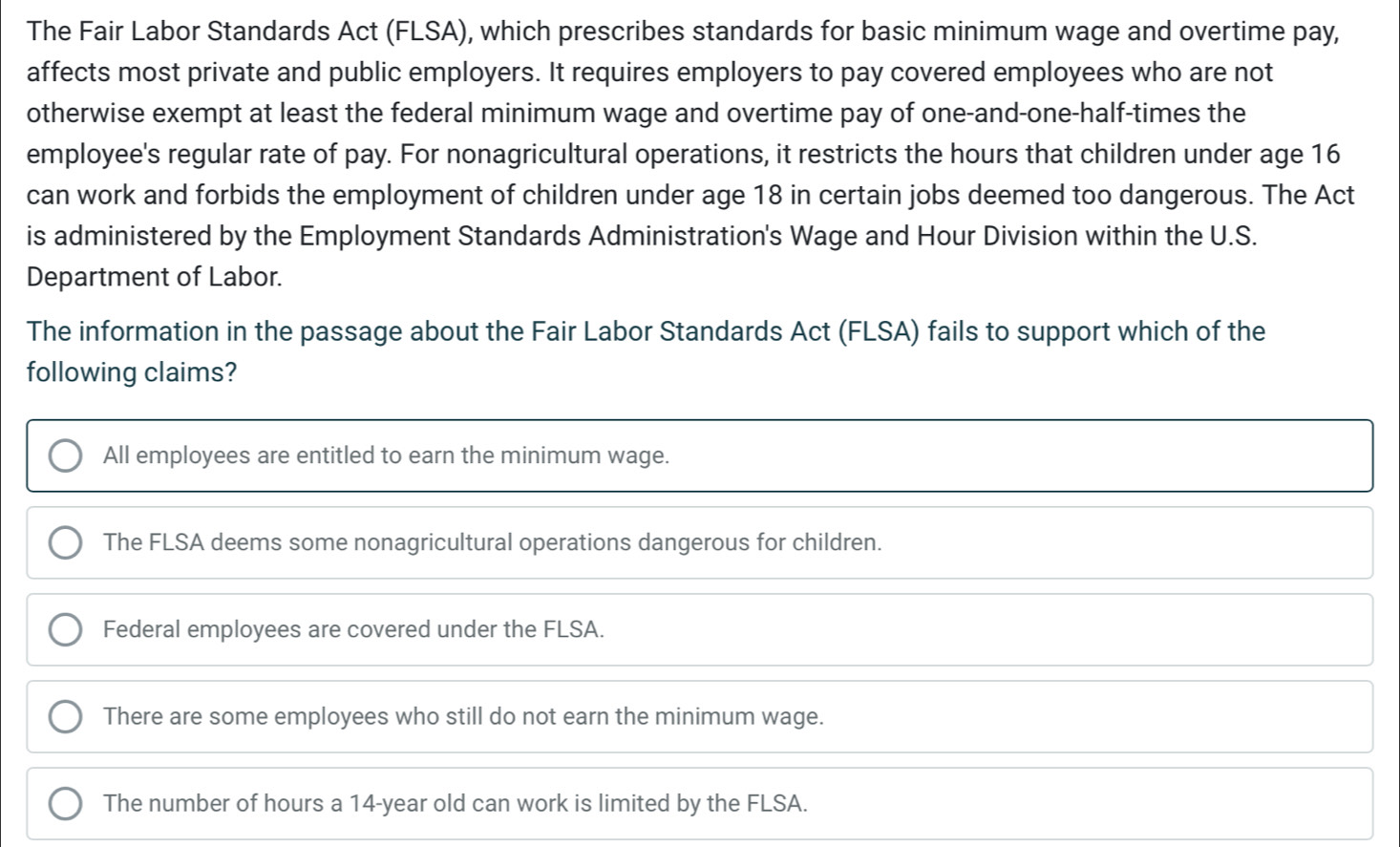 Solved: The Fair Labor Standards Act (FLSA), which prescribes standards ...