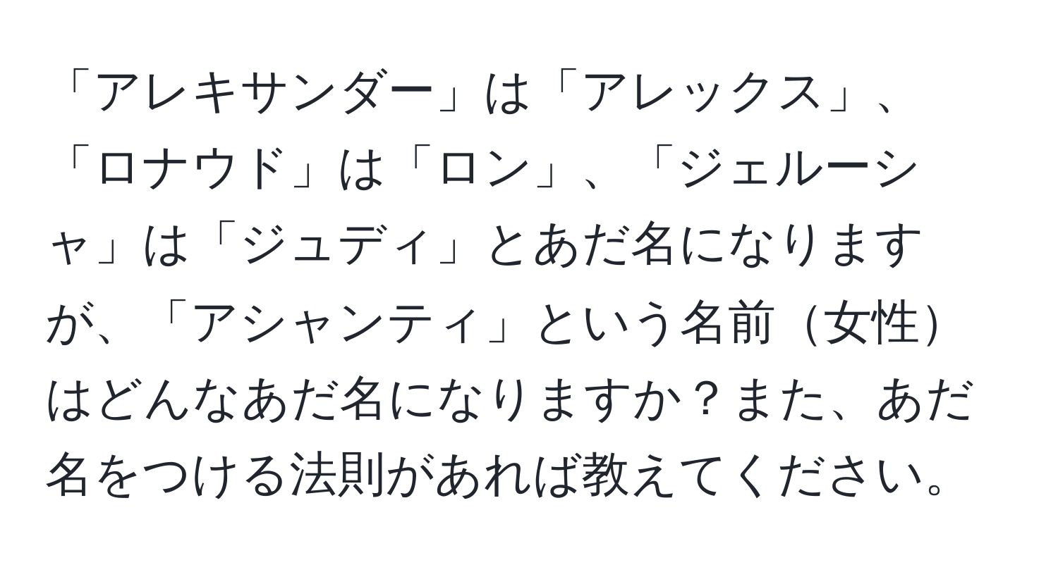 「アレキサンダー」は「アレックス」、「ロナウド」は「ロン」、「ジェルーシャ」は「ジュディ」とあだ名になりますが、「アシャンティ」という名前女性はどんなあだ名になりますか？また、あだ名をつける法則があれば教えてください。