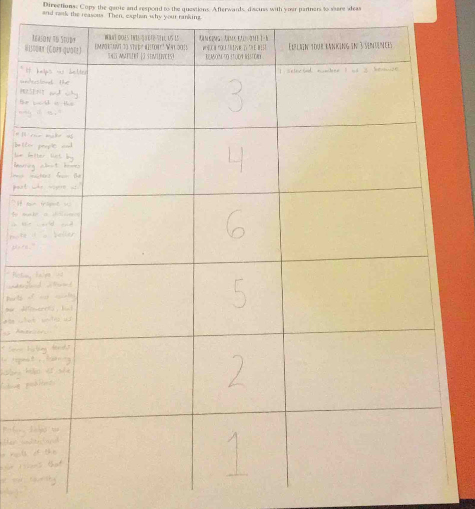 Directions: Copy the quote and respond to the questions. Afterwards, discuss with your partners to share ideas 
and rank the reasons. Then, explain why your ranking 
H