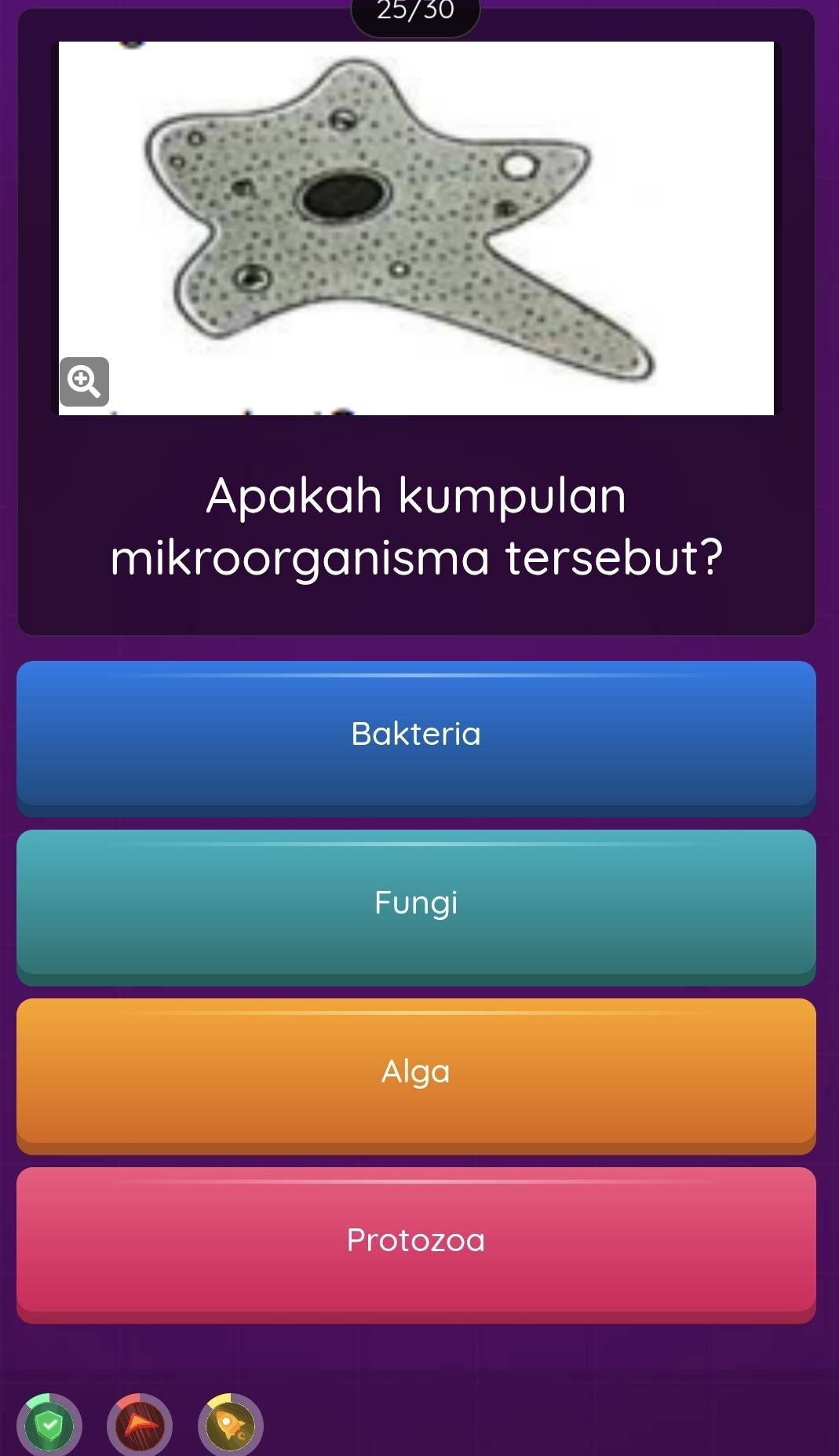 25/30
Apakah kumpulan
mikroorganisma tersebut?
Bakteria
Fungi
Alga
Protozoa