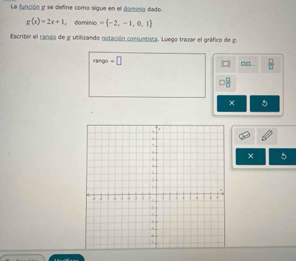 La función g se define como sigue en el dominio dado.
g(x)=2x+1 ， dominio = -2,-1,0,1
Escribir el rango de g utilizando notación conjuntista. Luego trazar el gráfico de g. 
rango =□
□□  □ /□  
□  □ /□  
× 5