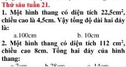 Thứ sáu tuần 21.
1. Một hình thang có diện tích 22, 5cm^2, 
chiều cao là 4,5cm. Vậy tổng độ dài hai đáy
là:
a. 100cm b. 10cm
2. Một hình thang có diện tích 112cm^2, 
chiều cao 8cm. Tổng hai đáy của hình
thang: k 78am 1 A