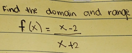 Find the domain and range
f(x)= (x-2)/x+2 