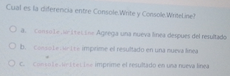 Solved: Cual es la diferencia entre Console.Write y Console.WriteLine ...