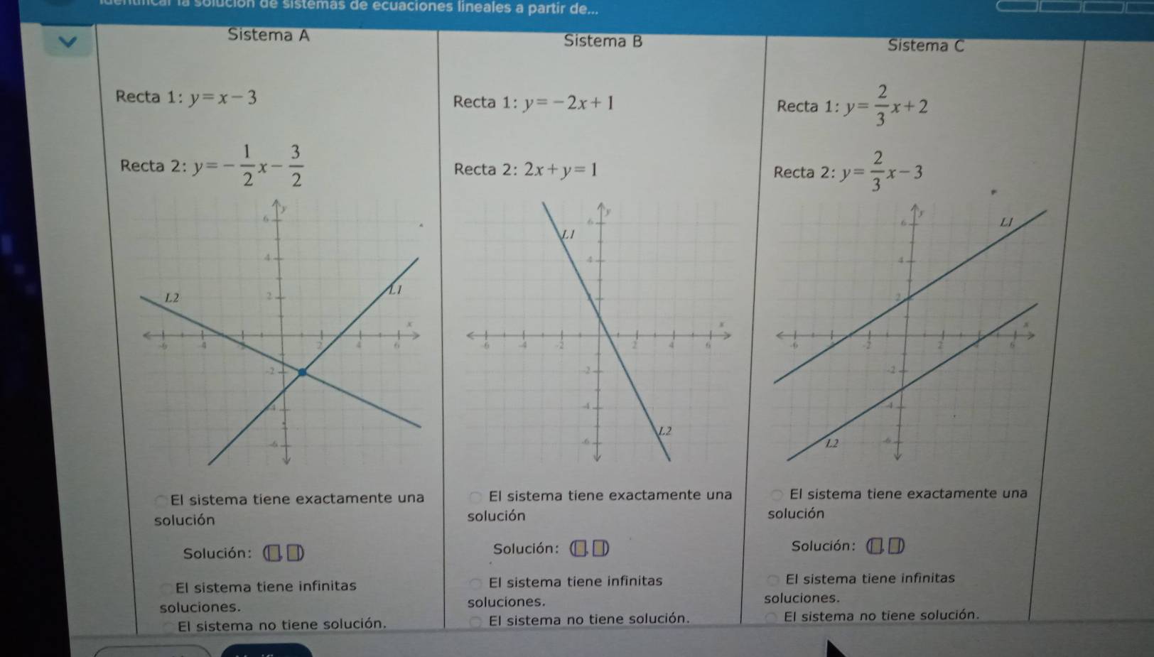 de sistêmas de ecuaciones lineales a partir de...
Sistema A Sistema B Sistema C
Recta 1: y=x-3 Recta 1:y=-2x+1 Recta 1:y= 2/3 x+2
Recta 2: y=- 1/2 x- 3/2  Recta 2 : 2x+y=1 y= 2/3 x-3
Recta 2:

El sistema tiene exactamente una El sistema tiene exactamente una El sistema tiene exactamente una
solución solución solución
Solución: (□ ,□ ) Solución: Solución : □ □
El sistema tiene infinitas El sistema tiene infinitas El sistema tiene infinitas
soluciones. soluciones. soluciones.
El sistema no tiene solución. El sistema no tiene solución. El sistema no tiene solución.