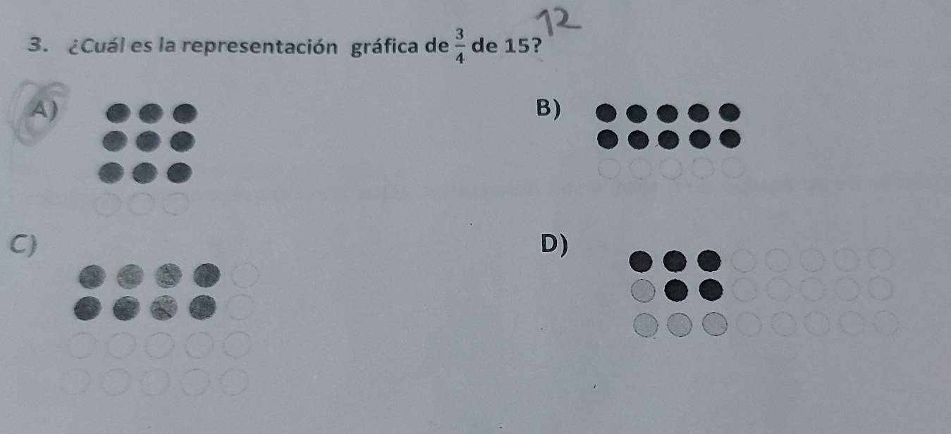 ¿Cuál es la representación gráfica de  3/4  de 15?
A)
B)
C)
D)