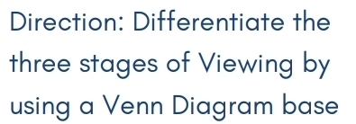 Direction: Differentiate the 
three stages of Viewing by 
using a Venn Diagram base