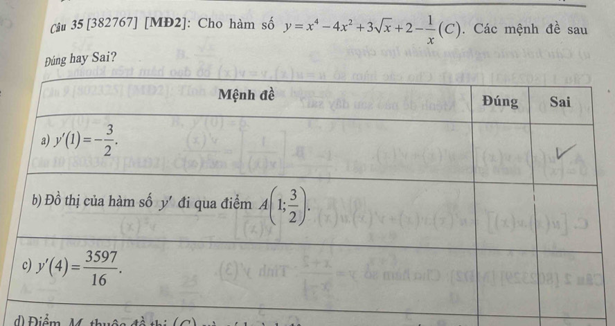 [382767] [MĐ2]: Cho hàm số y=x^4-4x^2+3sqrt(x)+2- 1/x (C). Các mệnh đề sau
Đúng hay Sai?