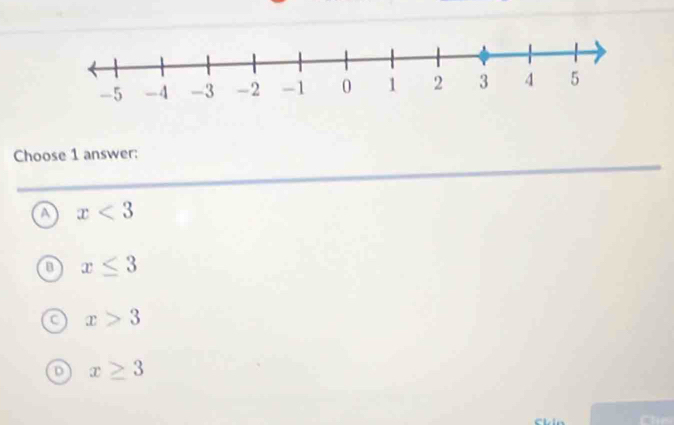 Choose 1 answer:
A x<3</tex>
x≤ 3
C x>3
D x≥ 3