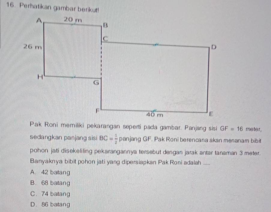 Perhatikan gambar berikut!
Pak Roni memiliki pekarangan seperti pada gambar. Panjang sisi GF=16 meter,
sedangkan panjang sisi BC= 1/2  panjang GF. Pak Roni berencana akan menanam bibit
pohon jati disekeliling pekarangannya tersebut dengan jarak antar tanaman 3 meter.
Banyaknya bibit pohon jati yang dipersiapkan Pak Roni adalah ....
A. 42 batang
B. 68 batang
C. 74 batang
D. 86 batang