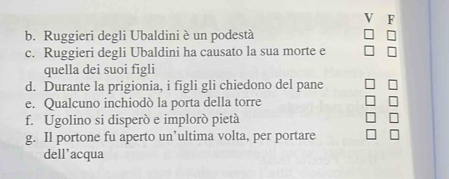 Ruggieri degli Ubaldini è un podestà
c. Ruggieri degli Ubaldini ha causato la sua morte e
quella dei suoi figli
d. Durante la prigionia, i figli gli chiedono del pane
e. Qualcuno inchiodò la porta della torre
f. Ugolino si disperò e implorò pietà
g. Il portone fu aperto un’ultima volta, per portare
dell’acqua