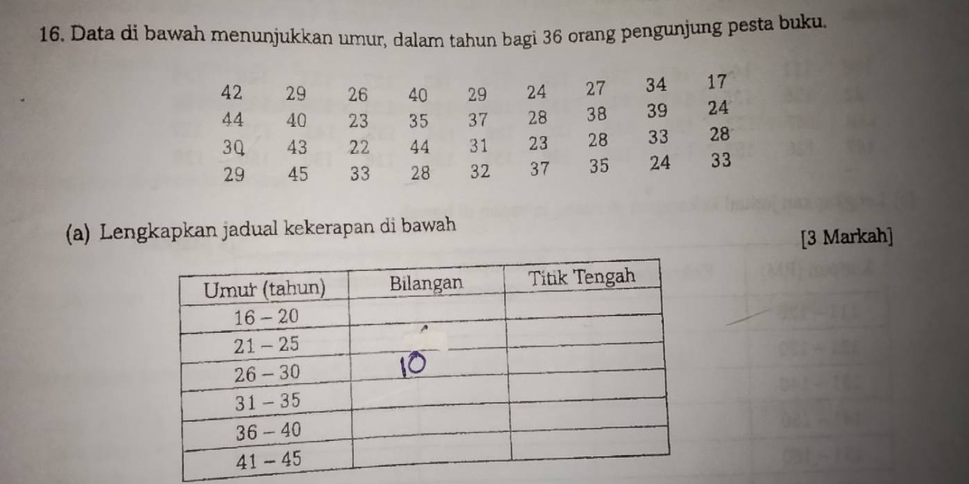 Data di bawah menunjukkan umur, dalam tahun bagi 36 orang pengunjung pesta buku. 
(a) Lengkapkan jadual kekerapan di bawah 
[3 Markah]