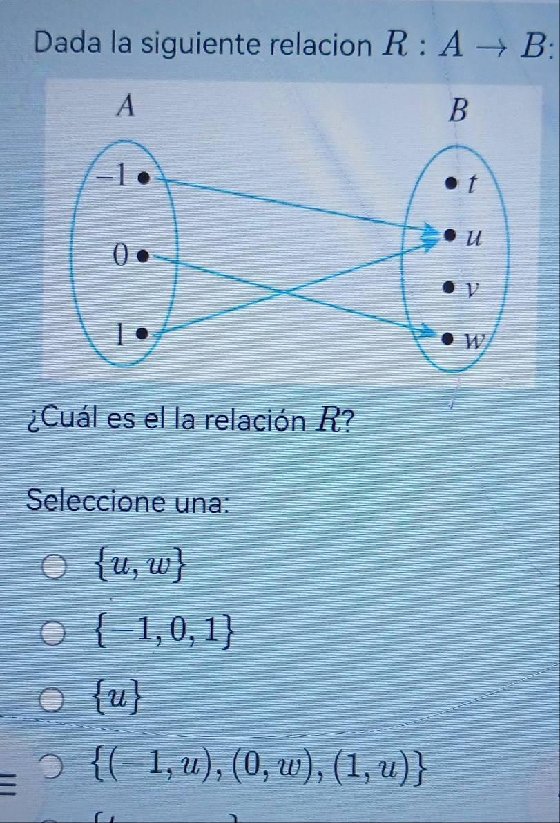 Dada la siguiente relacion R:Ato B : 
¿Cuál es el la relación R?
Seleccione una:
 u,w
 -1,0,1
 u
 (-1,u),(0,w),(1,u)