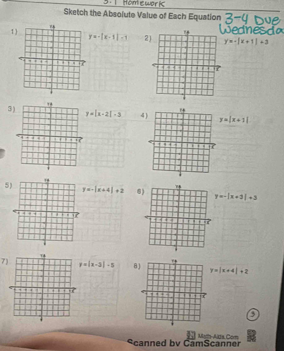 rk 
Sketch the Absolute Value of Each Equation 
1
y=-|x-1|-1 2)
y=-|x+1|+3

3
y=|x-2|-3 4 y=|x+1|
5
y=-|x+4|+2 y=-|x+3|+3
7
y=|x-3|-5 8)
y=|x+4|+2
3 
Math-Aids. Comn 
Scanned bv CamScanner