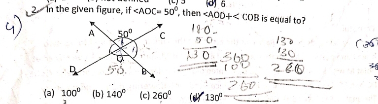 5 (d) 6
2. In the given figure, if , then is equal to?
(a) 100° (b) 140° (c) 260° (6) 130°
3