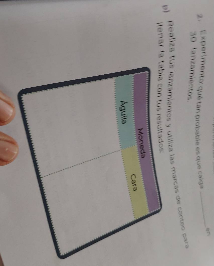 en 
2. Experimento: qué tan probable es que caiga 
_
30 lanzamientos. 
b) Realiza tus lanzamientos y utiliza las marcas de conteo para