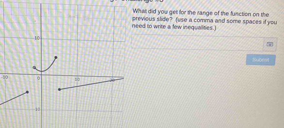 hat did you get for the range of the function on the 
evious slide? (use a comma and some spaces if you 
ed to write a few inequalities.) 
Submit
-10