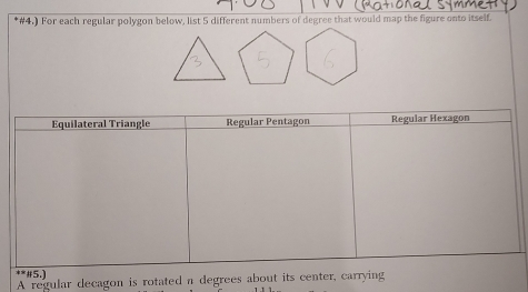 #4.) For each regular polygon below, list 5 different numbers of degree that would map the figure onto itself. 
A regular decagon is rotated n degrees about its center, carrying