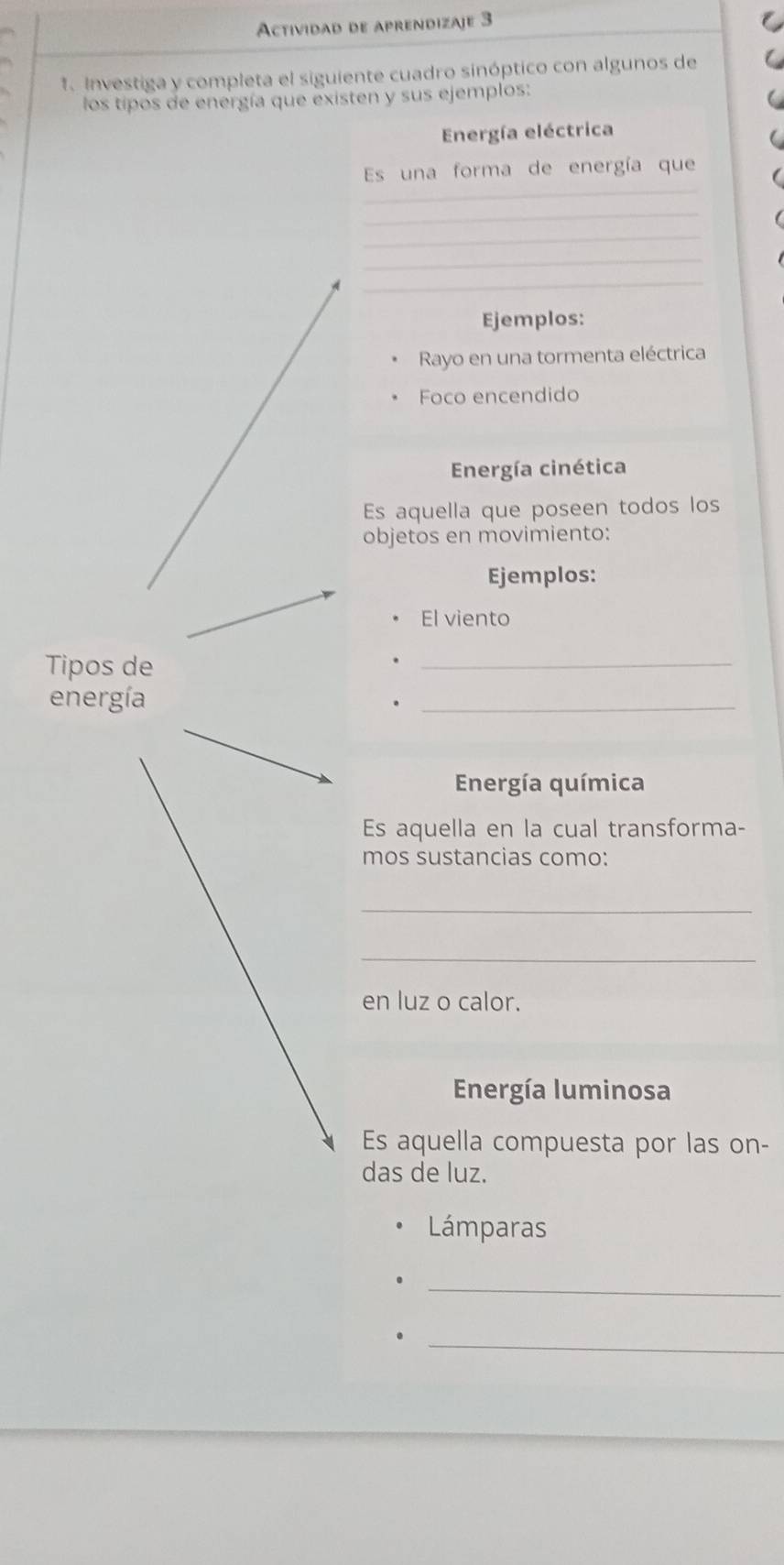 Actividad de aprendizaje 3 
Investiga y completa el siguiente cuadro sinóptico con algunos de 
los tipos de energía que existen y sus ejemplos: 
Energía eléctrica 
_ 
Es una forma de energía que 
_ 
_ 
_ 
_ 
Ejemplos: 
Rayo en una tormenta eléctrica 
Foco encendido 
Energía cinética 
Es aquella que poseen todos los 
objetos en movimiento: 
Ejemplos: 
El viento 
Tipos de 
_ 
energía 
_ 
Energía química 
Es aquella en la cual transforma- 
mos sustancias como: 
_ 
_ 
en luz o calor. 
Energía luminosa 
Es aquella compuesta por las on- 
das de luz. 
Lámparas 
_ 
_