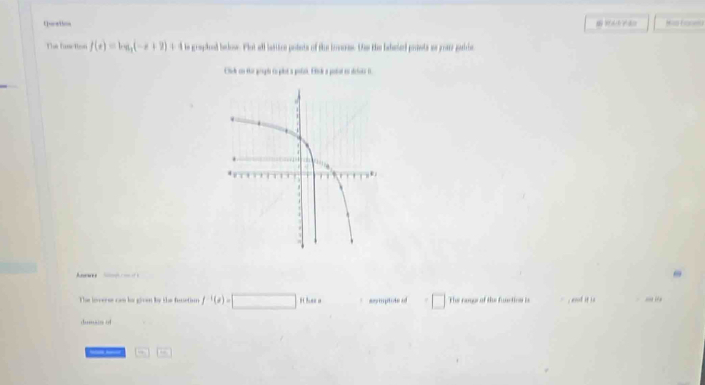 t]-n1hon 
m
f(x)=log _2(-x+2)+4 is grapleod below. Flot all lattice points of the inveres. the the baheked ponts as your gaide 
Chick on the gruphs to plot a polak. Elik a potot to delots i 
nes 
The inverse cm ha given by the fenethon f^(-1)(x)=□ ft sey iptote of □ The rance of the funstion is , aod if h == l = 
dusoin of 
__ □ Fenendarray