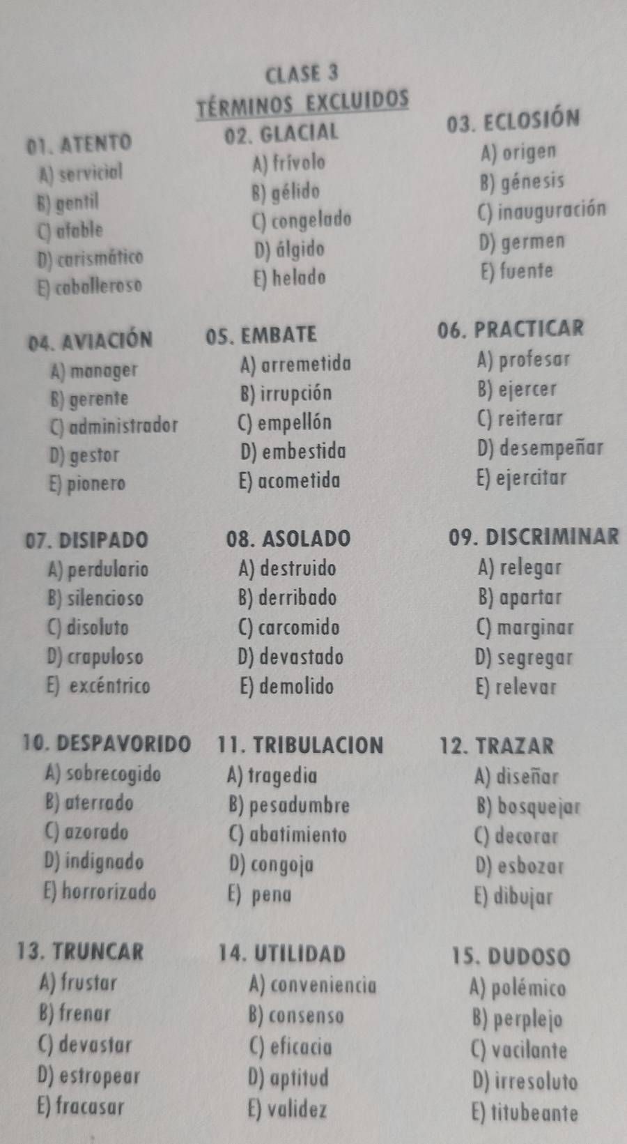 CLASE 3
términos excluidos
01.ATENTO 02. GLACIAL 03. ECLOSIÓN
A) servicial A) frívolo A) origen
B) gentil B) gélido B) génesis
C) afable C) congelado C) inauguración
D) carismático D) álgido D) germen
E) caballeroso E) helado
E) fuente
04. aViacióN 05. EMBATE 06. PRACTICAR
A) manager A) arremetida A) profesar
B) gerente B) irrupción B) ejercer
C) administrador C) empellón C) reiterar
D) gestor D) embestida D) desempeñar
E) pionero E) acometida E) ejercitar
07. DISIPADO 08. ASOLADO 09. DISCRIMINAR
A) perdulario A) destruido A) relegar
B) silencioso B) derribado B) apartar
C) disoluto C) carcomido C) marginar
D) crapuloso D) devastado D) segregar
E) excéntrico E) demolido E) relevar
10. DESPAVORIDO 11. TRIBULACION 12. TRAZAR
A) sobrecogido A) tragedia A) diseñar
B) aterrado B) pesadumbre B) bosquejar
C) azorado C) abatimiento C) decorar
D) indignado D) congoja D) esbozar
E) horrorizado E) pena E) dibujar
13. TRUNCAR 14. UTILIDAD 15. DUDOSO
A) frustar A) conveniencia A) polémico
B) frenar B) consenso B) perplejo
C) devastar C) eficacia C) vacilante
D) estropear D) aptitud D) irresoluto
E) fracasar E) validez E) titubeante