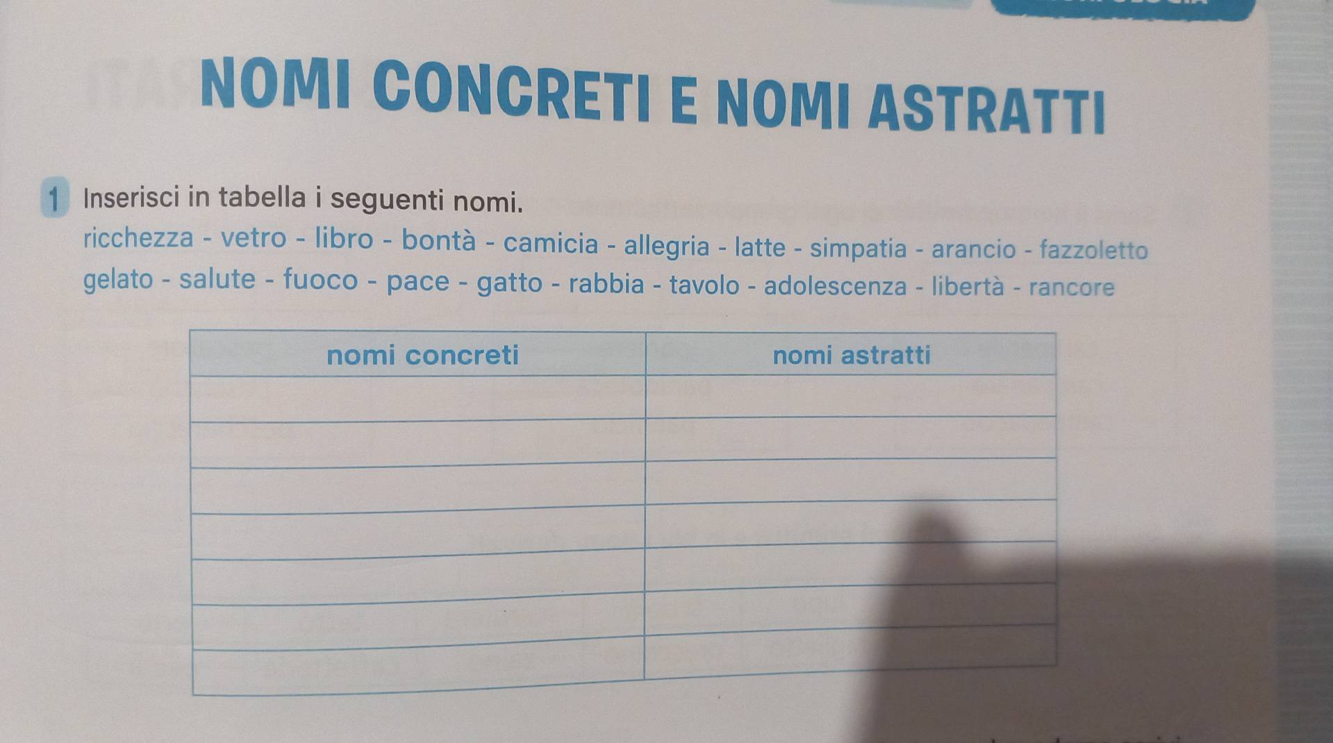 NOMI CONCRETI E NOMI ASTRATTI 
1 Inserisci in tabella i seguenti nomi. 
ricchezza - vetro - libro - bontà - camicia - allegria - latte - simpatia - arancio - fazzoletto 
gelato - salute - fuoco - pace - gatto - rabbia - tavolo - adolescenza - libertà - rancore