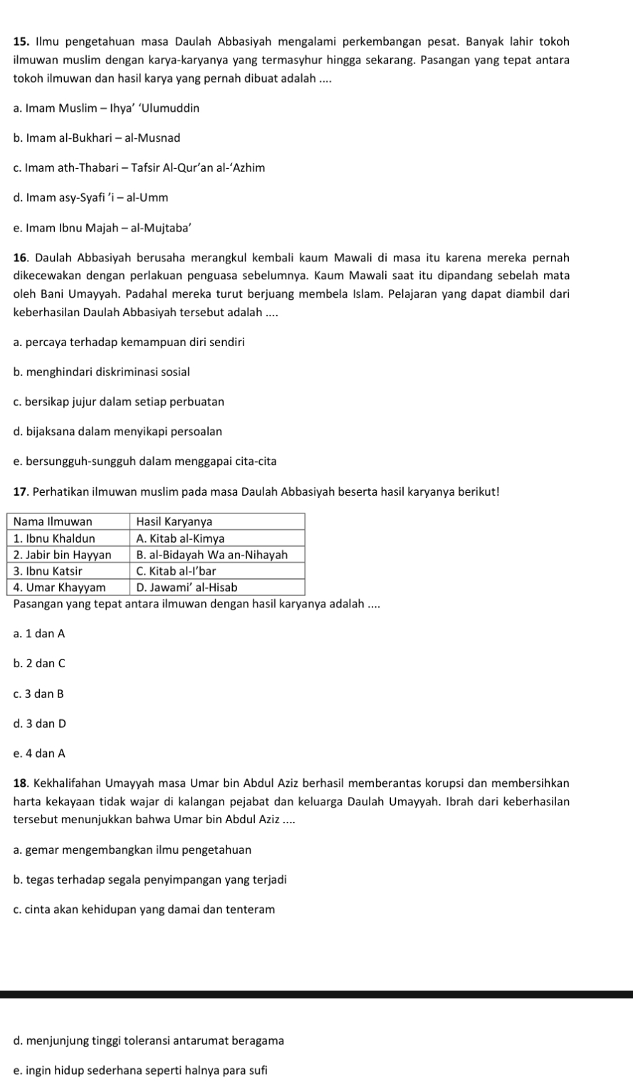 Ilmu pengetahuan masa Daulah Abbasiyah mengalami perkembangan pesat. Banyak lahir tokoh
ilmuwan muslim dengan karya-karyanya yang termasyhur hingga sekarang. Pasangan yang tepat antara
tokoh ilmuwan dan hasil karya yang pernah dibuat adalah ....
a. Imam Muslim - Ihya’ ‘Ulumuddin
b. Imam al-Bukhari - al-Musnad
c. Imam ath-Thabari - Tafsir Al-Qur’an al-‘Azhim
d. Imam asy-Syafi ’i - al-Umm
e. Imam Ibnu Majah - al-Mujtaba’
16. Daulah Abbasiyah berusaha merangkul kembali kaum Mawali di masa itu karena mereka pernah
dikecewakan dengan perlakuan penguasa sebelumnya. Kaum Mawali saat itu dipandang sebelah mata
oleh Bani Umayyah. Padahal mereka turut berjuang membela Islam. Pelajaran yang dapat diambil dari
keberhasilan Daulah Abbasiyah tersebut adalah ....
a. percaya terhadap kemampuan diri sendiri
b. menghindari diskriminasi sosial
c. bersikap jujur dalam setiap perbuatan
d. bijaksana dalam menyikapi persoalan
e. bersungguh-sungguh dalam menggapai cita-cita
17. Perhatikan ilmuwan muslim pada masa Daulah Abbasiyah beserta hasil karyanya berikut!
Pasangan yang tepat antara ilmuwan dengan hasil karyanya adalah ....
a. 1 dan A
b. 2 dan C
c. 3 dan B
d. 3 dan D
e. 4 dan A
18. Kekhalifahan Umayyah masa Umar bin Abdul Aziz berhasil memberantas korupsi dan membersihkan
harta kekayaan tidak wajar di kalangan pejabat dan keluarga Daulah Umayyah. Ibrah dari keberhasilan
tersebut menunjukkan bahwa Umar bin Abdul Aziz ....
a. gemar mengembangkan ilmu pengetahuan
b. tegas terhadap segala penyimpangan yang terjadi
c. cinta akan kehidupan yang damai dan tenteram
d. menjunjung tinggi toleransi antarumat beragama
e. ingin hidup sederhana seperti halnya para sufi