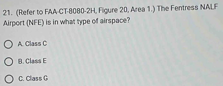 (Refer to FAA-CT-8080-2H, Figure 20, Area 1.) The Fentress NALF
Airport (NFE) is in what type of airspace?
A. Class C
B. Class E
C. Class G