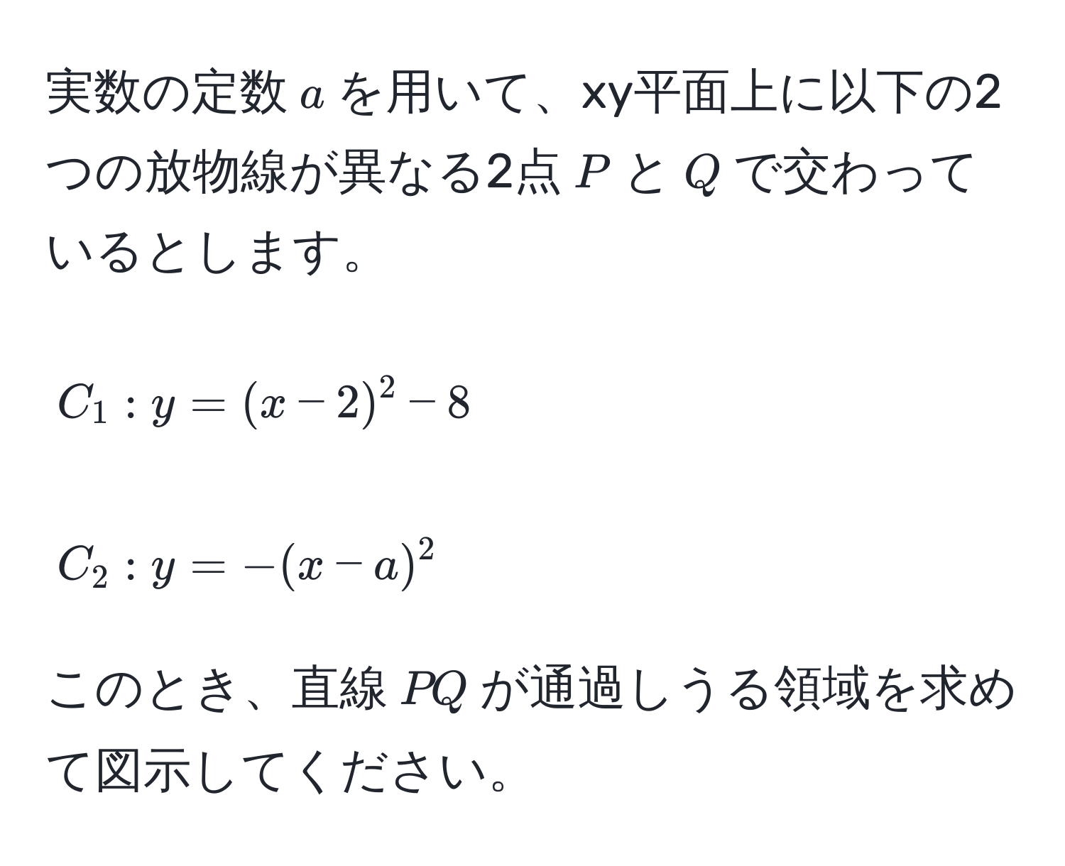 実数の定数$a$を用いて、xy平面上に以下の2つの放物線が異なる2点$P$と$Q$で交わっているとします。  
[ C_1: y = (x - 2)^2 - 8 ]  
[ C_2: y = -(x - a)^2 ]  
このとき、直線$PQ$が通過しうる領域を求めて図示してください。