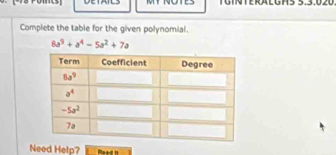 MY NO TGINTERALGH5 5.3.020
Complete the table for the given polynomial.
8a^9+a^4-5a^2+7a
Need Help? Read It