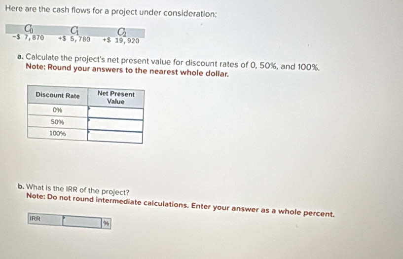 Here are the cash flows for a project under consideration:
C_0 C_1 C_2
-$ 7,870 +$ 5, 780 +$ 19,920
a. Calculate the project's net present value for discount rates of 0, 50%, and 100%. 
Note; Round your answers to the nearest whole dollar. 
b. What is the IRR of the project? 
Note: Do not round intermediate calculations. Enter your answer as a whole percent. 
IRR 
x