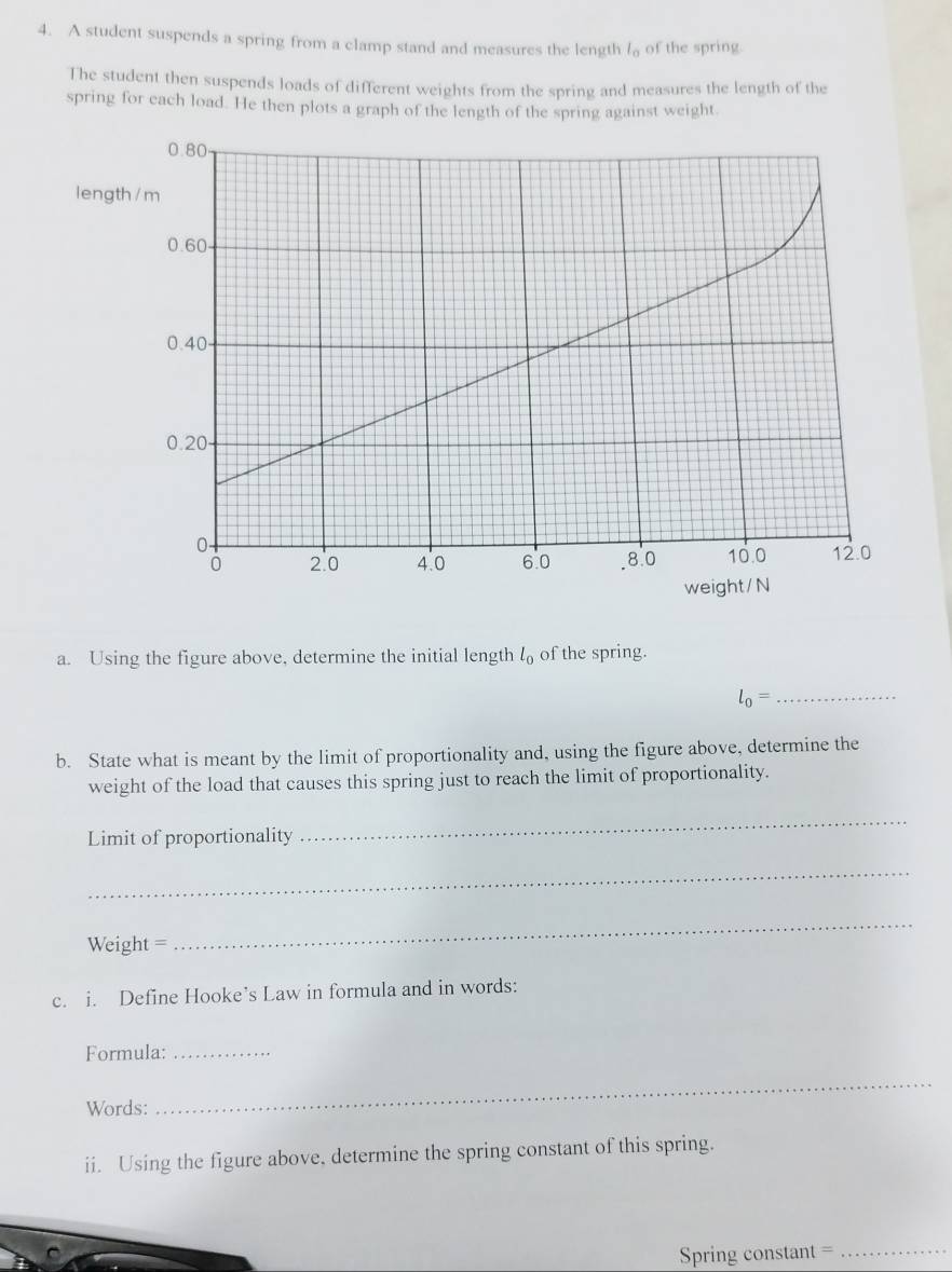 A student suspends a spring from a clamp stand and measures the length l_0 of the spring. 
The student then suspends loads of different weights from the spring and measures the length of the 
spring for each load. He then plots a graph of the length of the spring against weight. 
a. Using the figure above, determine the initial length l_0 of the spring.
l_0= _ 
b. State what is meant by the limit of proportionality and, using the figure above, determine the 
weight of the load that causes this spring just to reach the limit of proportionality. 
Limit of proportionality 
_ 
_
Weight =
_ 
c. i. Define Hooke’s Law in formula and in words: 
Formula:_ 
Words: 
_ 
ii. Using the figure above, determine the spring constant of this spring. 
Spring constant =_