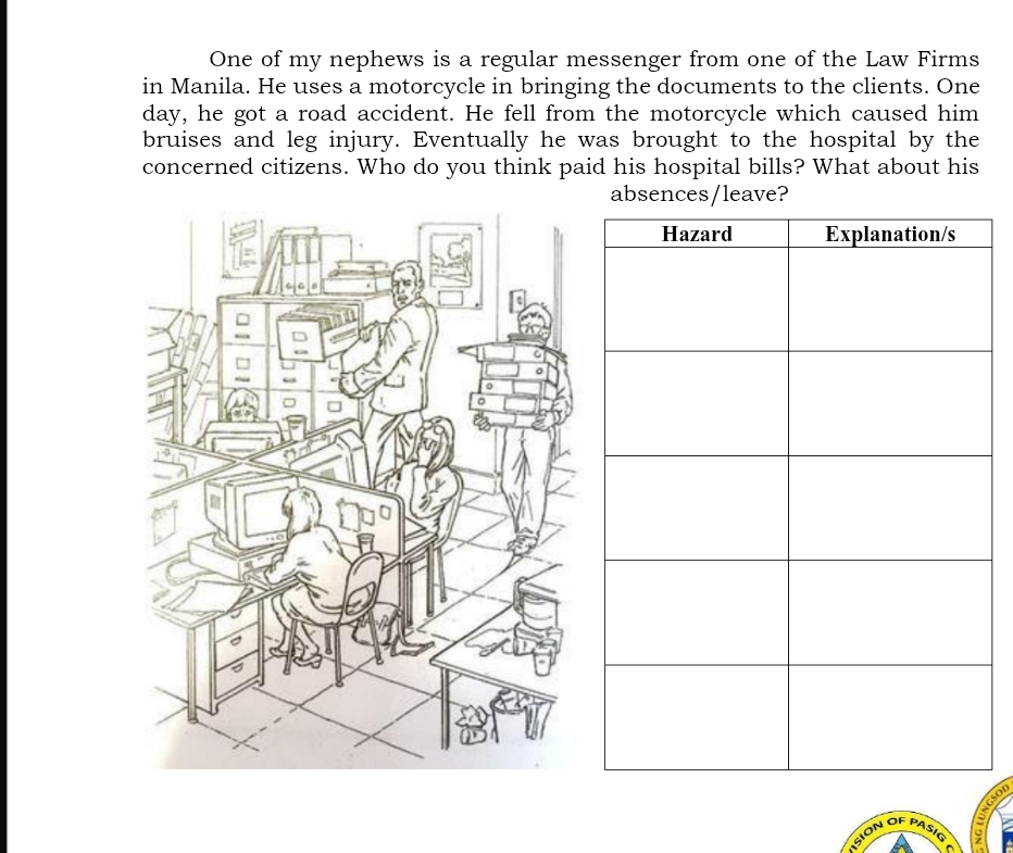 One of my nephews is a regular messenger from one of the Law Firms 
in Manila. He uses a motorcycle in bringing the documents to the clients. One 
day, he got a road accident. He fell from the motorcycle which caused him 
bruises and leg injury. Eventually he was brought to the hospital by the 
concerned citizens. Who do you think paid his hospital bills? What about his 
absences/leave? 
ISION OF PASIG 
^