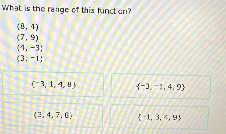 What is the range of this function?
(8,4)
(7,9)
(4,-3)
(3,-1)
 -3,1,4,8
 -3,-1,4,9
 3,4,7,8
 -1,3,4,9