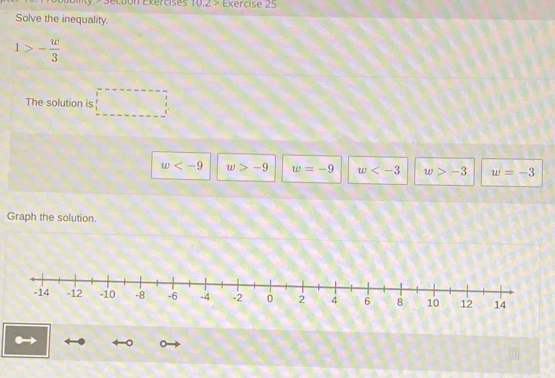 Exércises 10,2 > Exércise 25
Solve the inequality.
1>- w/3 
The solution is □
w w>-9 w=-9 w w>-3 w=-3
Graph the solution.
。