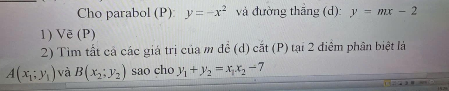 Cho parabol (P): y=-x^2 và đường thắng (d): y=mx-2
1) Vẽ (P) 
2) Tìm tất cả các giá trị của m để (d) cắt (P) tại 2 điểm phân biệt là
A(x_1;y_1) và B(x_2;y_2) sao cho y_1+y_2=x_1x_2-7
1529