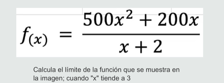 f_(x)= (500x^2+200x)/x+2 
Calcula el límite de la función que se muestra en 
la imagen; cuando "x" tiende a 3