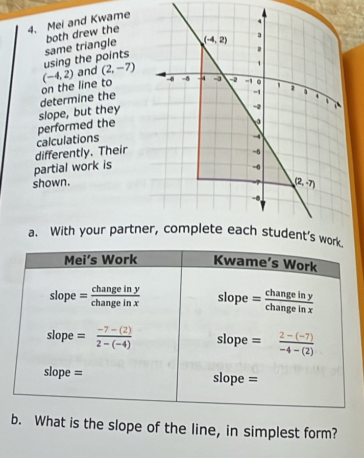 Mei and Kwame
both drew the
same triangle
using the points
(-4,2) and (2,-7)
on the line to
determine the
slope, but they
performed the
calculations
differently. Their
partial work is
shown.
a. With your partnerk.
Mei’s Work
Kwame’s Work
slope e= changeiny/changeinx 
= changeiny/changeinx 
slope = (-7-(2))/2-(-4)  slope = (2-(-7))/-4-(2) 
slope = slope =
b. What is the slope of the line, in simplest form?