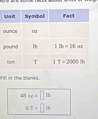 Fill in the blanks.
48oz=□ lb
6T=□ lb