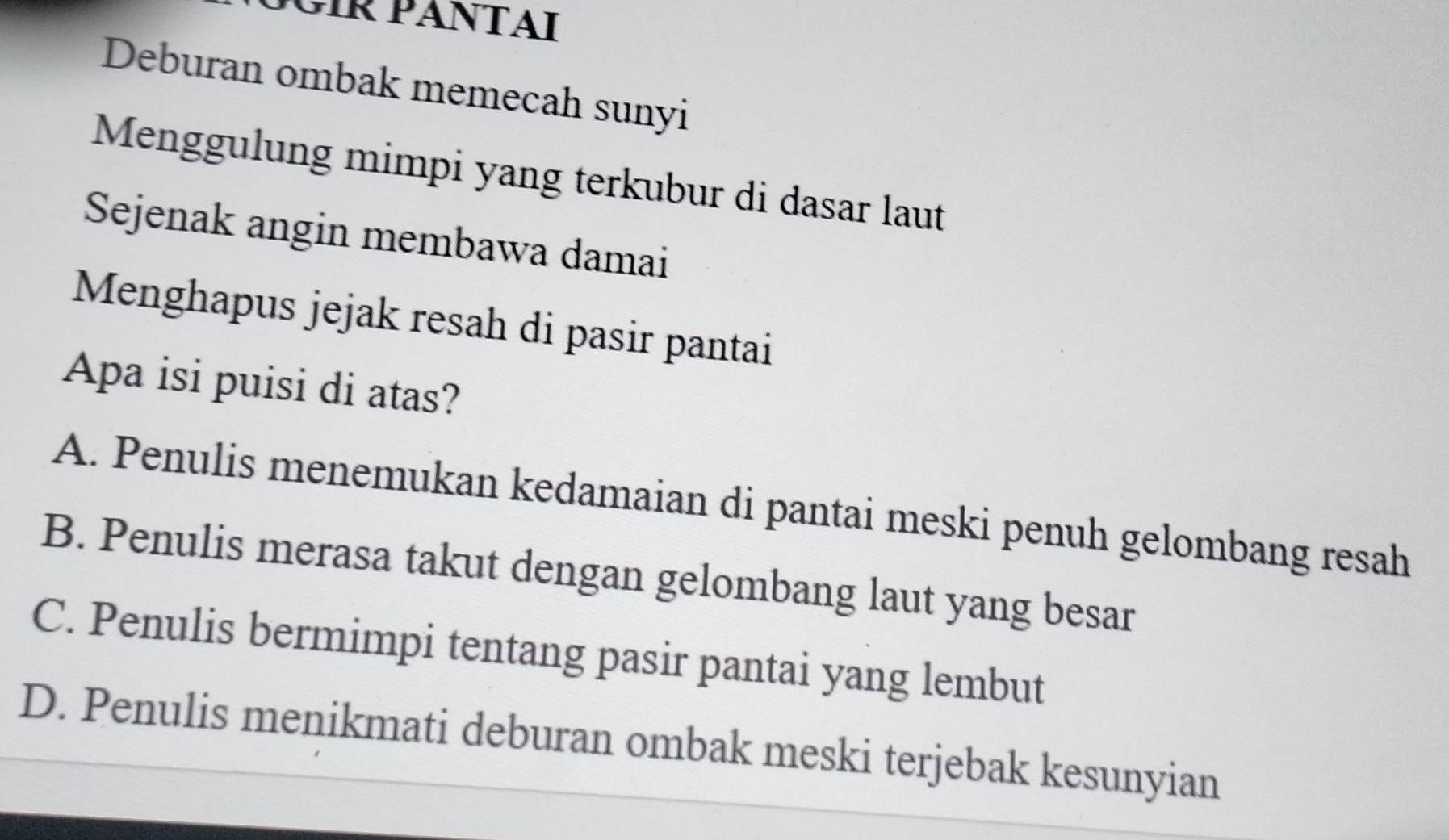 JÜIR PÄNTAΙ
Deburan ombak memecah sunyi
Menggulung mimpi yang terkubur di dasar laut
Sejenak angin membawa damai
Menghapus jejak resah di pasir pantai
Apa isi puisi di atas?
A. Penulis menemukan kedamaian di pantai meski penuh gelombang resah
B. Penulis merasa takut dengan gelombang laut yang besar
C. Penulis bermimpi tentang pasir pantai yang lembut
D. Penulis menikmati deburan ombak meski terjebak kesunyian