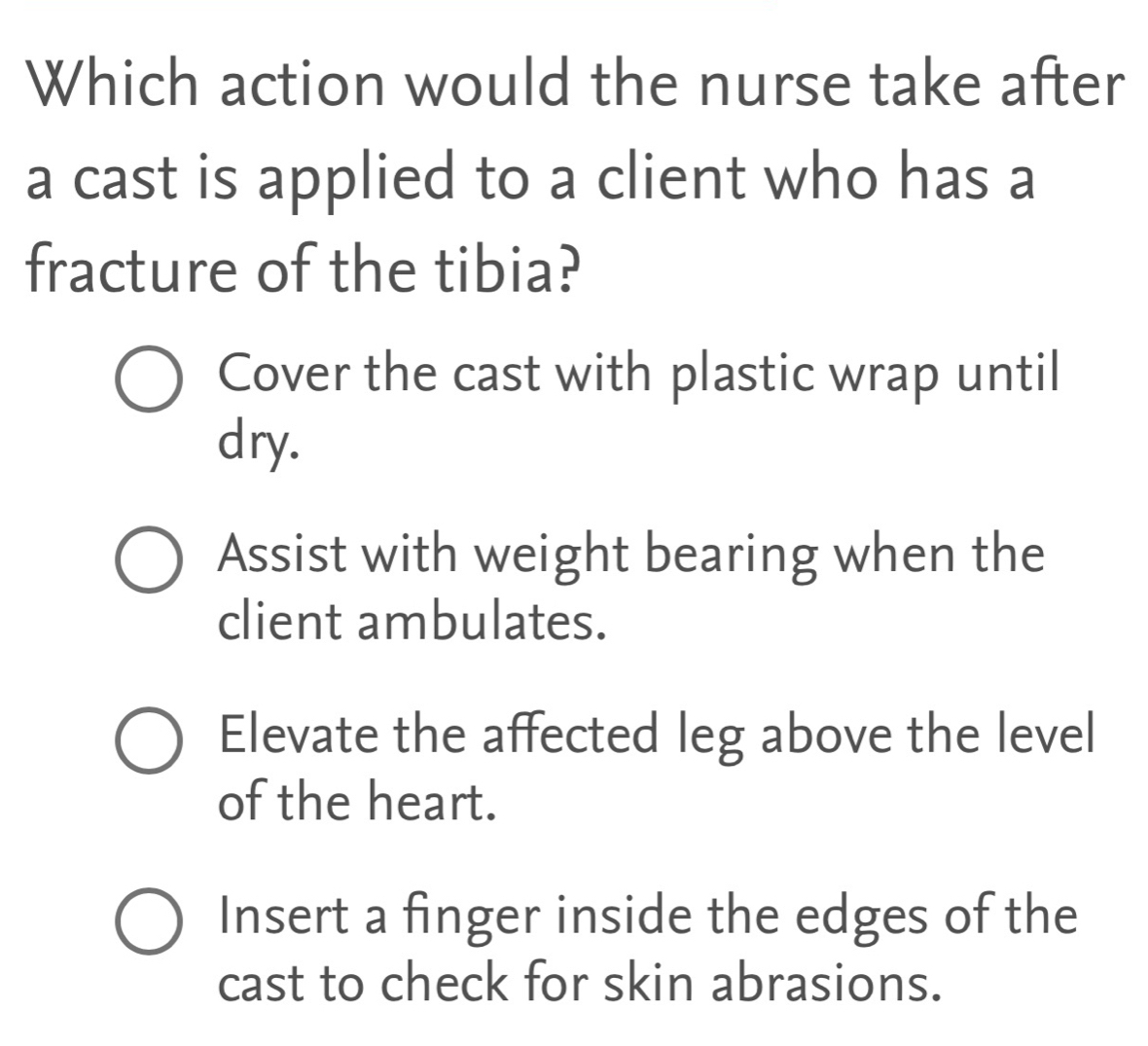 Solved: Which action would the nurse take after a cast is applied to a ...
