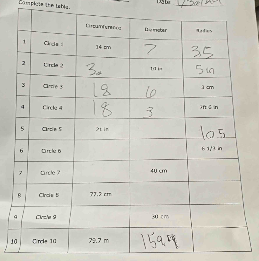 Date_ 
Complete the table. 
1