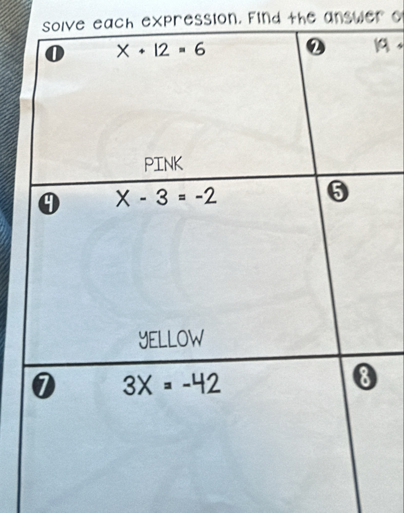 solve each expression. Find the answer o