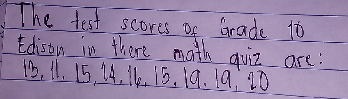 The test scores of Grade 10
Edison in there math quiz are:
13, 11, 15, 14, 16, 15. 19, 19, 20